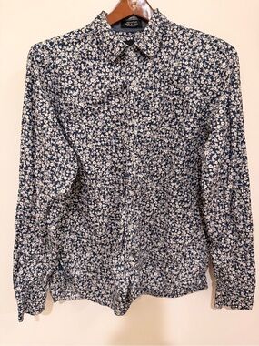 Eighth Avenue Navy Blue All-Over Micro-Floral Print Dress Shirt Size M